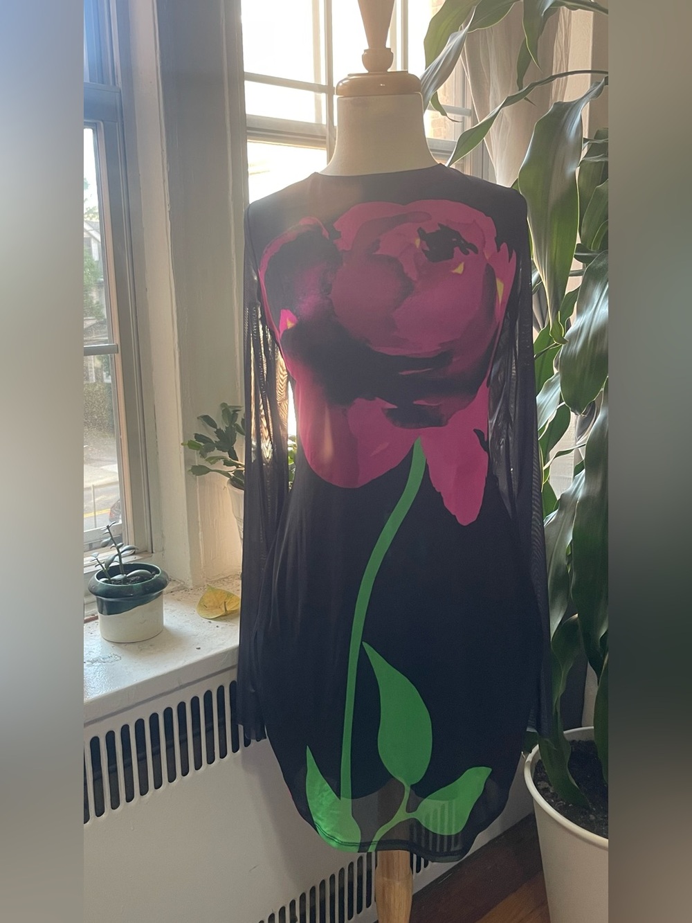 Black Dress with Large Pink Floral Print